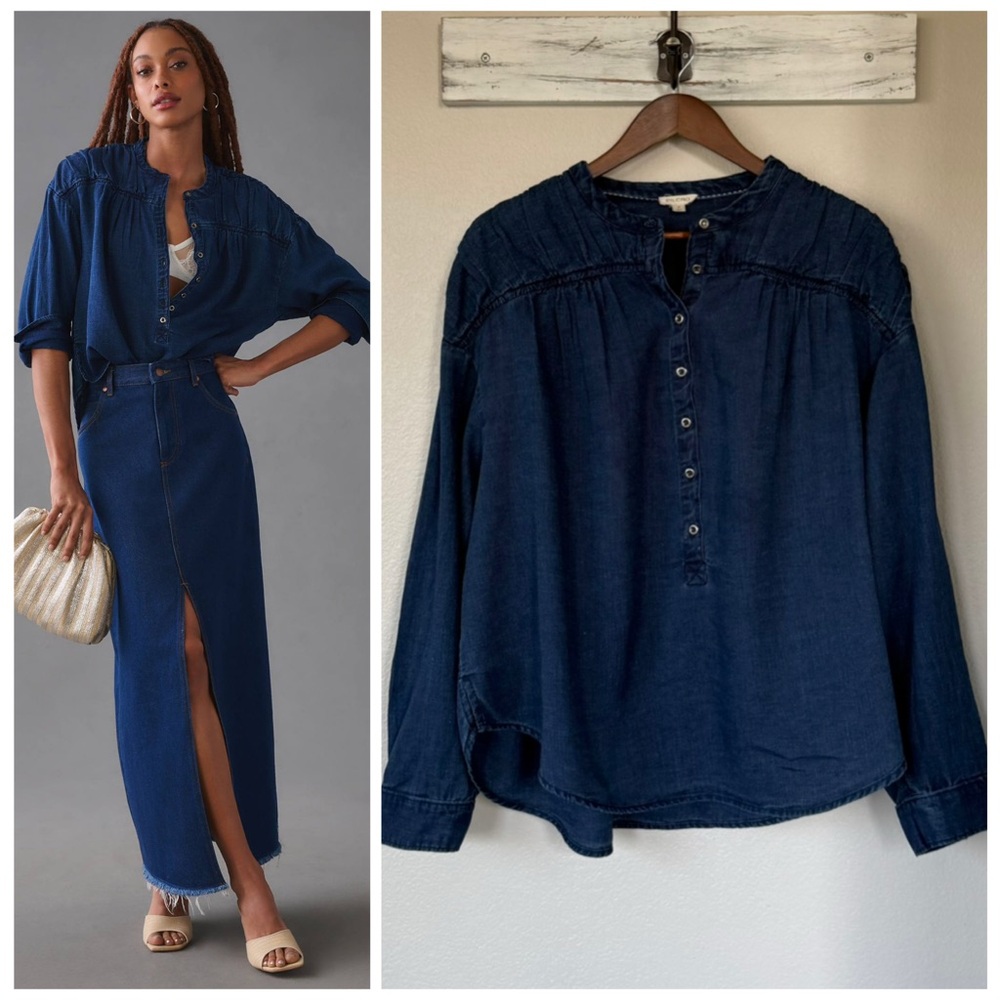 ANTHROPOLOGIE 1X PILCRO Henley Blouse in Dark Denim • Chambray Top Modern Boho - Picture 8 of 8